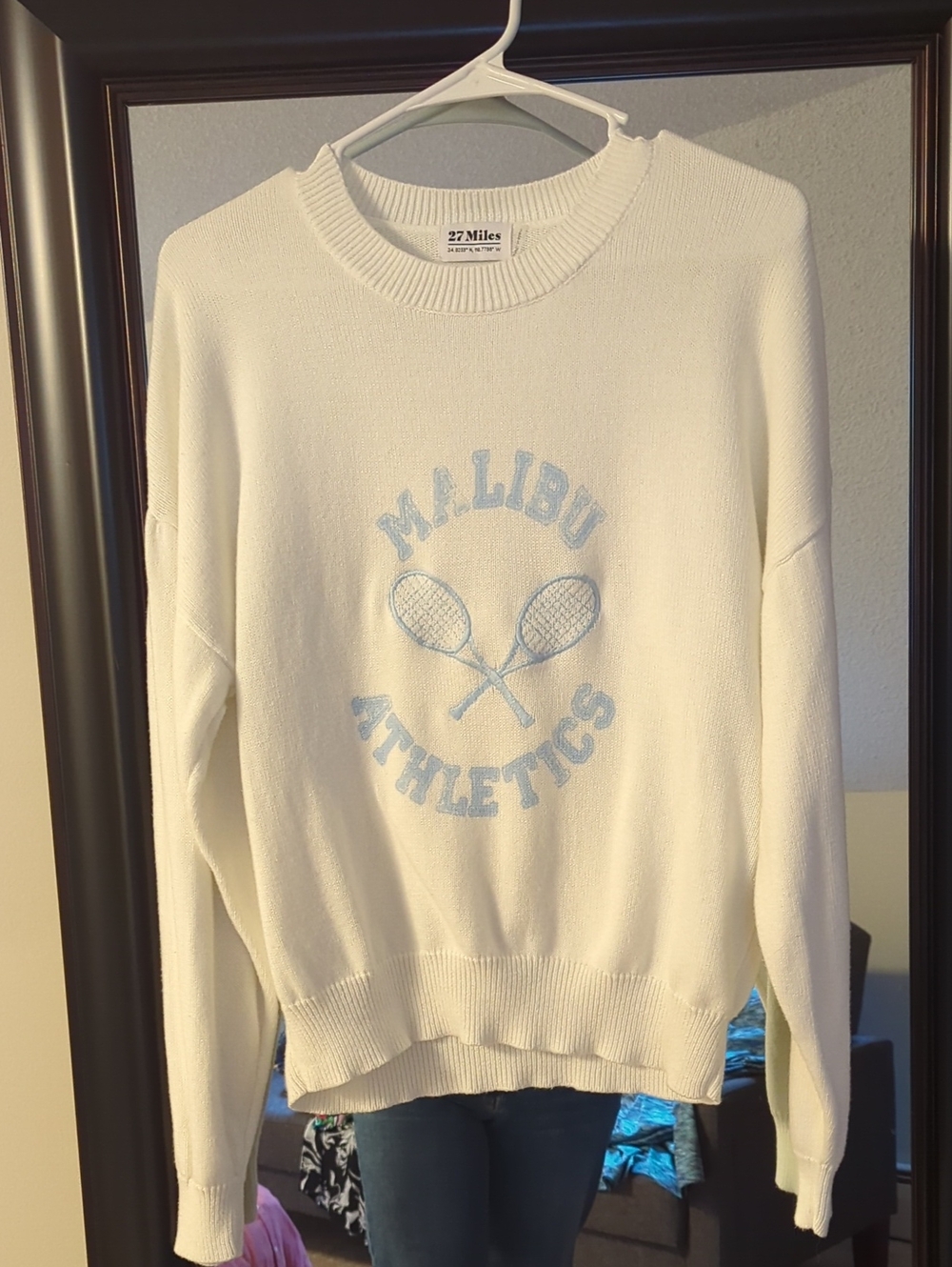 27 Miles Malibu Athletics Crewneck Sweater in Cream with Light Blue Logo
